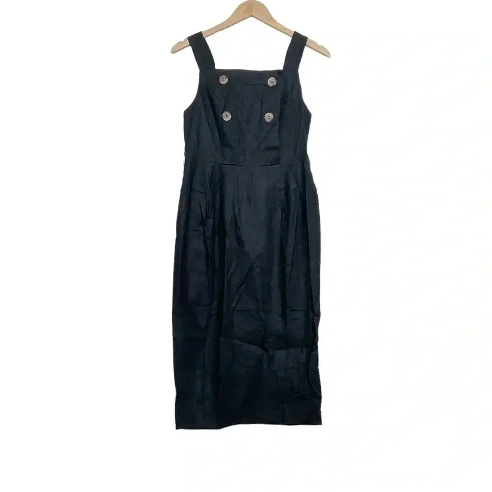 Asos Black Linen Square Neck Dress Size 6 Sleeveless With Belt